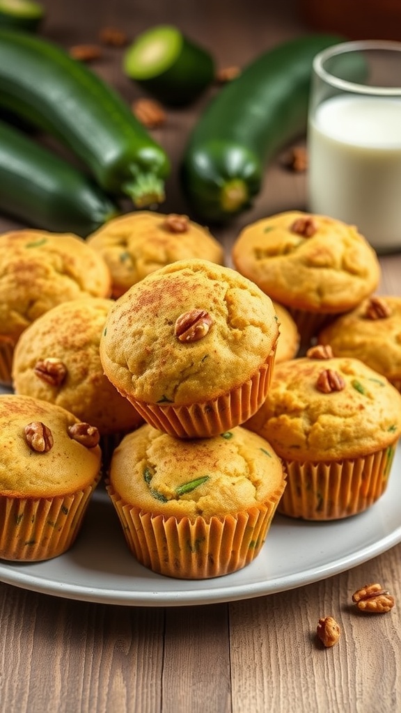 Plate of vegan zucchini muffins with walnuts and fresh zucchinis in a rustic kitchen.